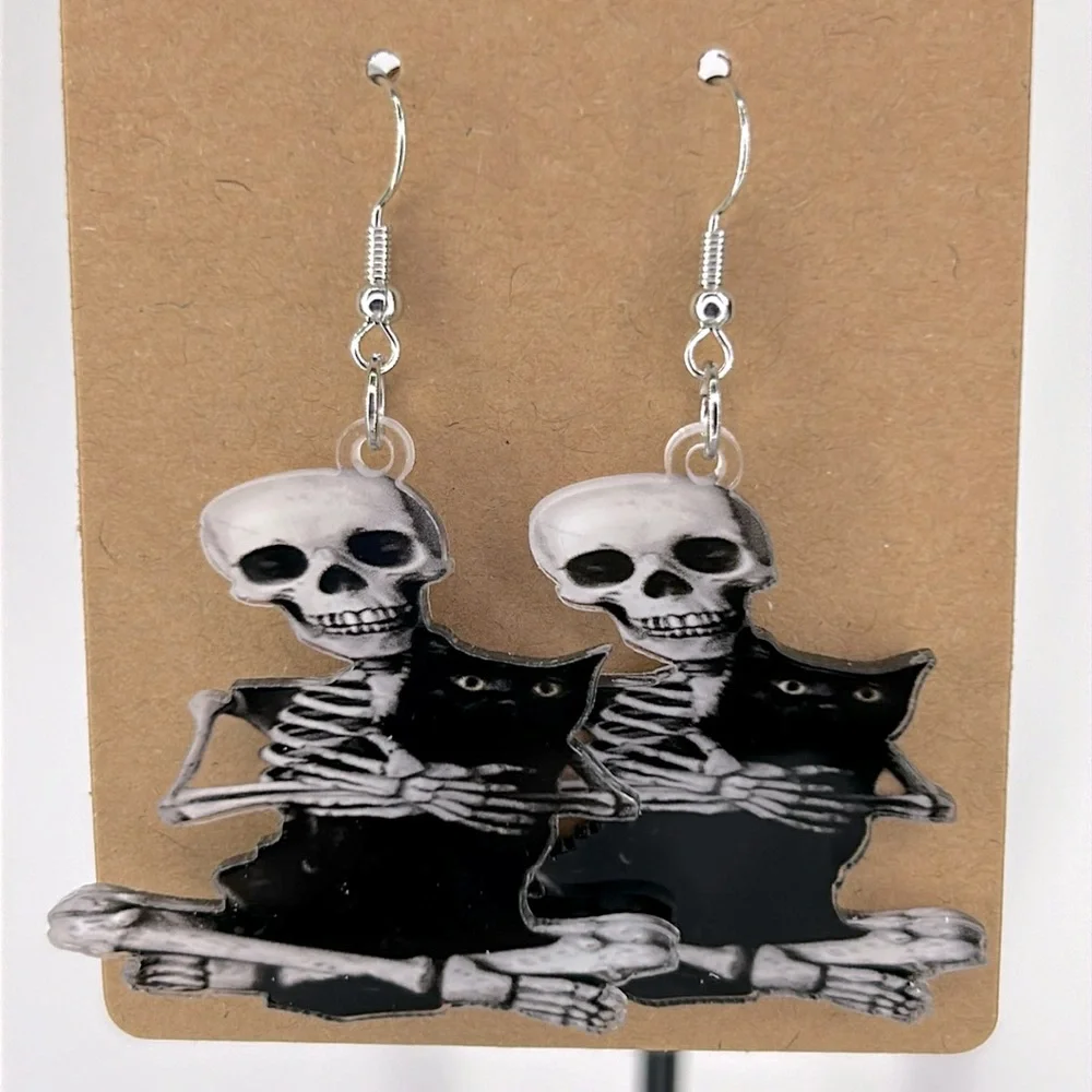 Skeleton Holding a Black Cat Acrylic Dangle Earrings 2D Fashion Jewelry